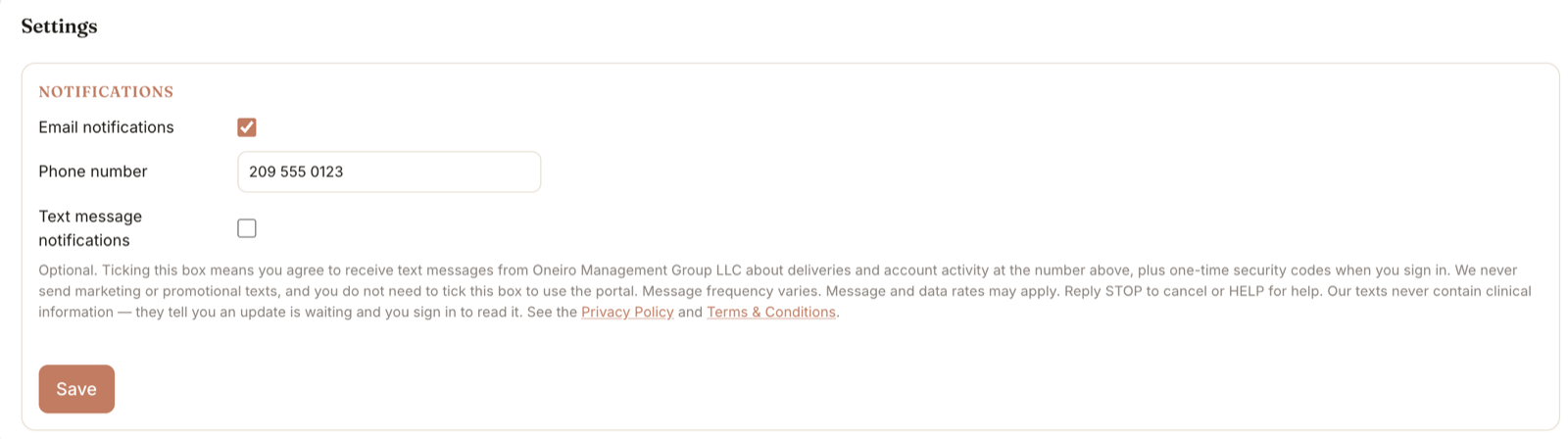 Portal Settings, Notifications: the user has typed a mobile number and the Text message notifications box is unticked, with the full SMS disclosure shown beneath it.