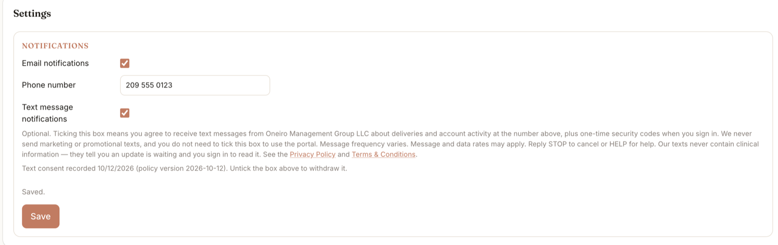 Portal Settings after saving: the Text message notifications box is ticked, the page shows Saved, and the date and policy version of the recorded consent.